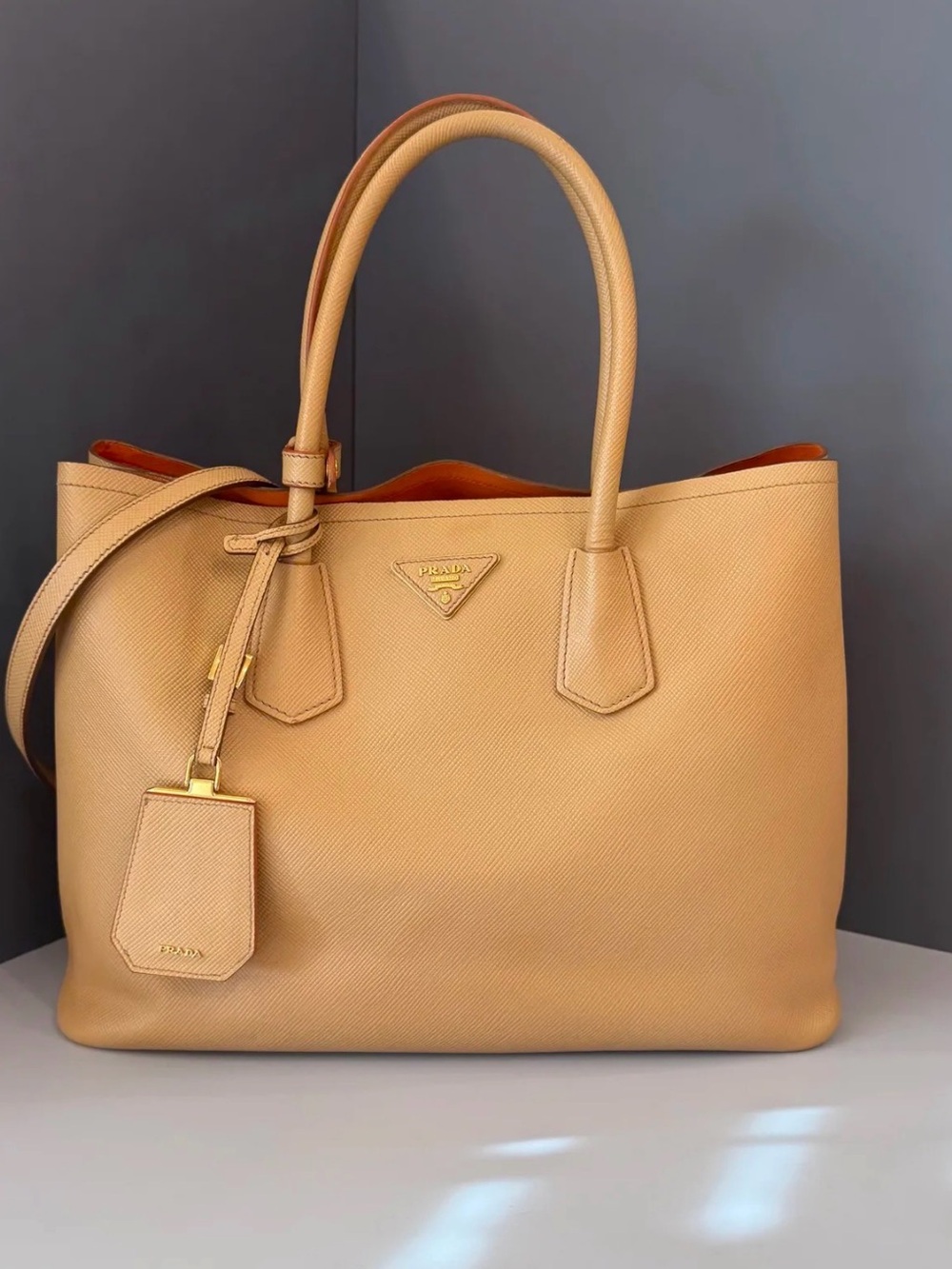 Prada Beige Saffiano Leather Tote with Gold Hardware